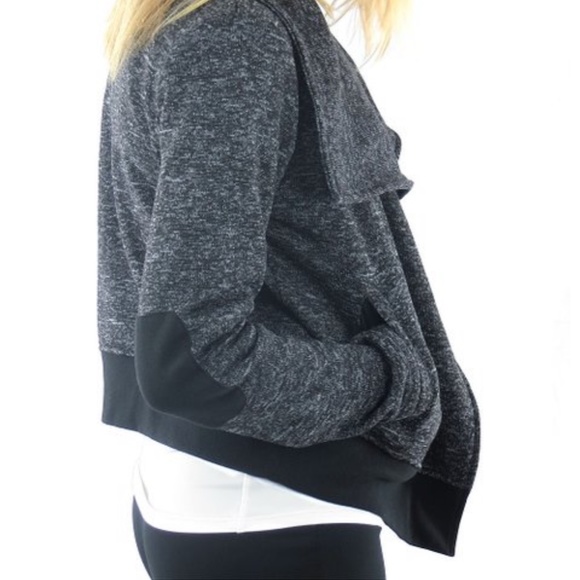 Charcoal Gray Fleece Moto sweatshirt shacket w/ black elbow patches & waistband - Picture 13 of 16